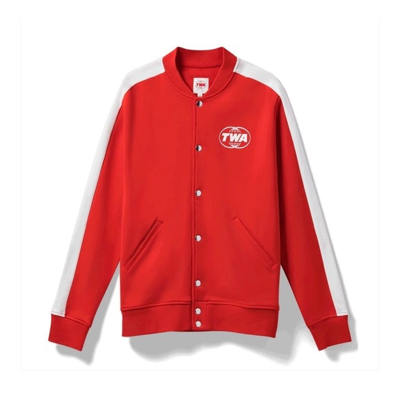 TWA Hotel Tracksuit Varsity Jacket Red Cotton Snap Front Bomber Mens Large - Picture 2 of 11